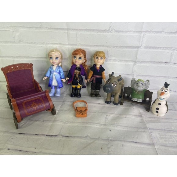 Disney Frozen 2 Petite Mini Dolls Lot Elsa Anna Kristoff Troll Olaf Sven Wagon - Picture 1 of 12